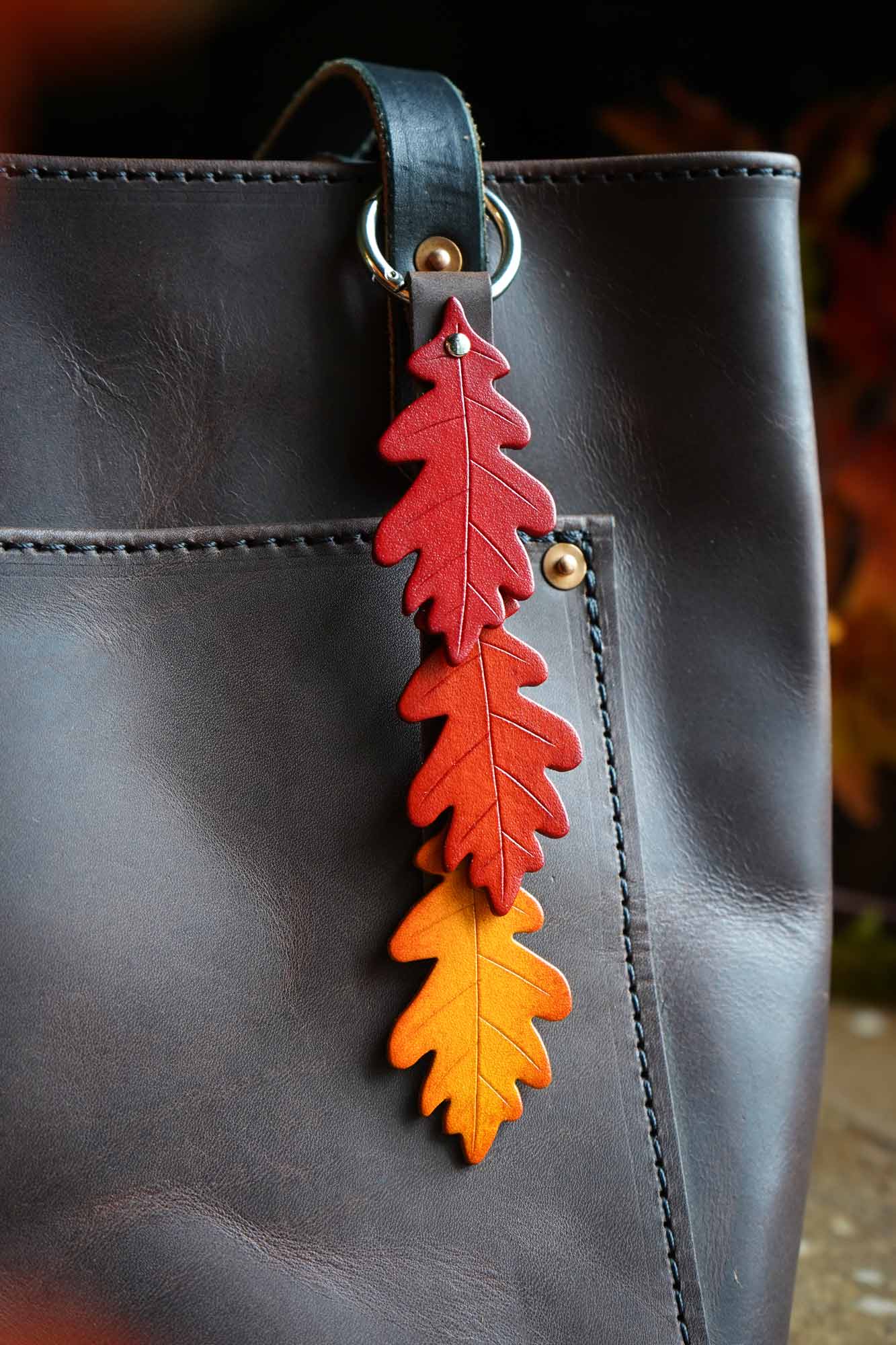 Fall Oak Leaf Leather Bag Charm Made In Canada Hammerthreads