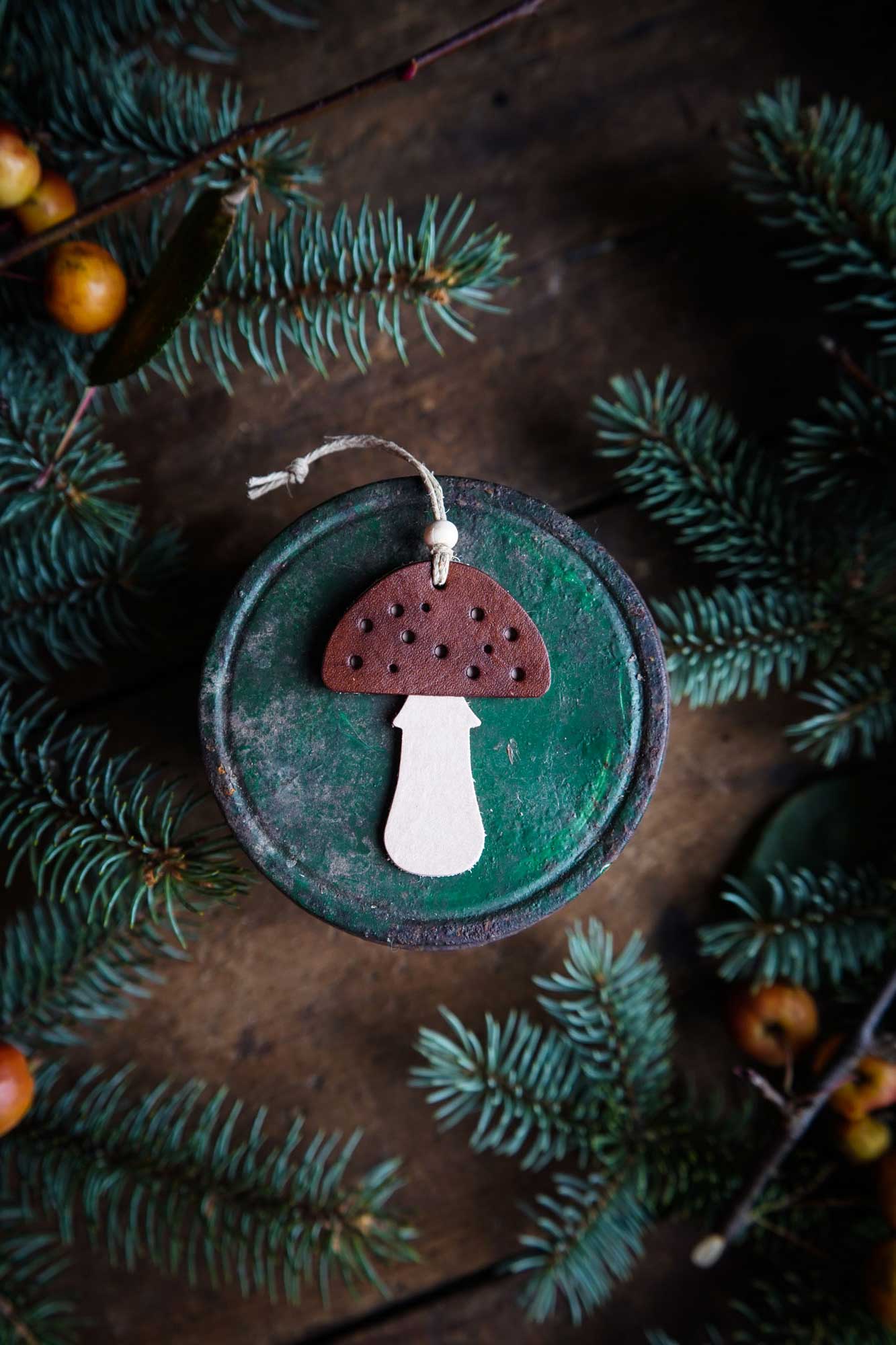 Amanita Mushroom Leather Ornament