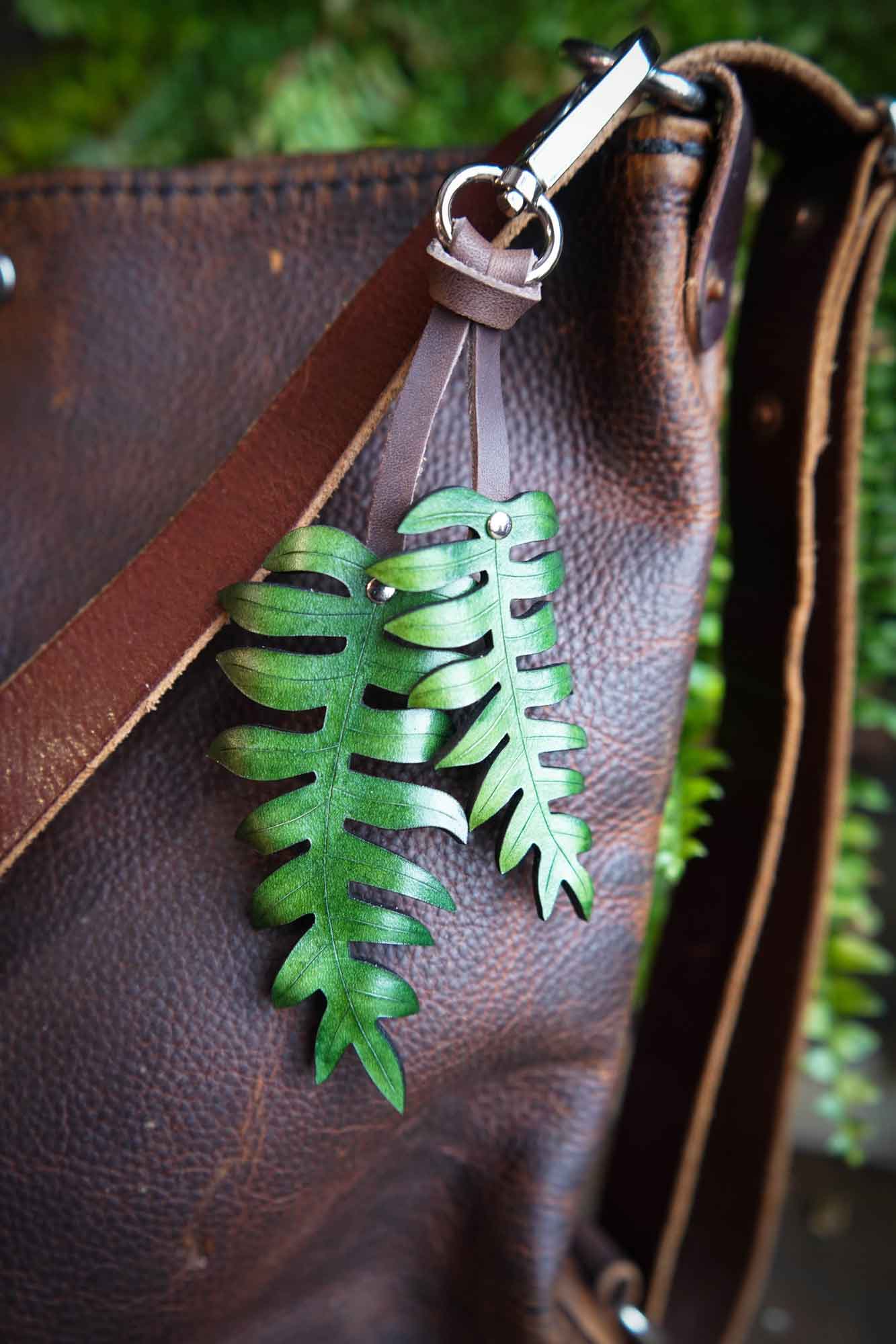 Fern Leather Bag Charm or Keychain