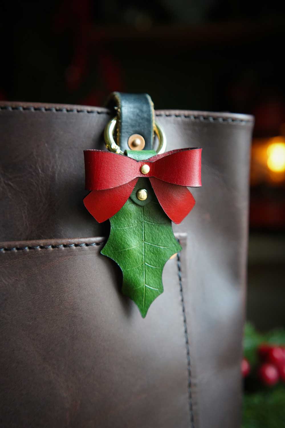 Holly Leaf Leather Bag Charm