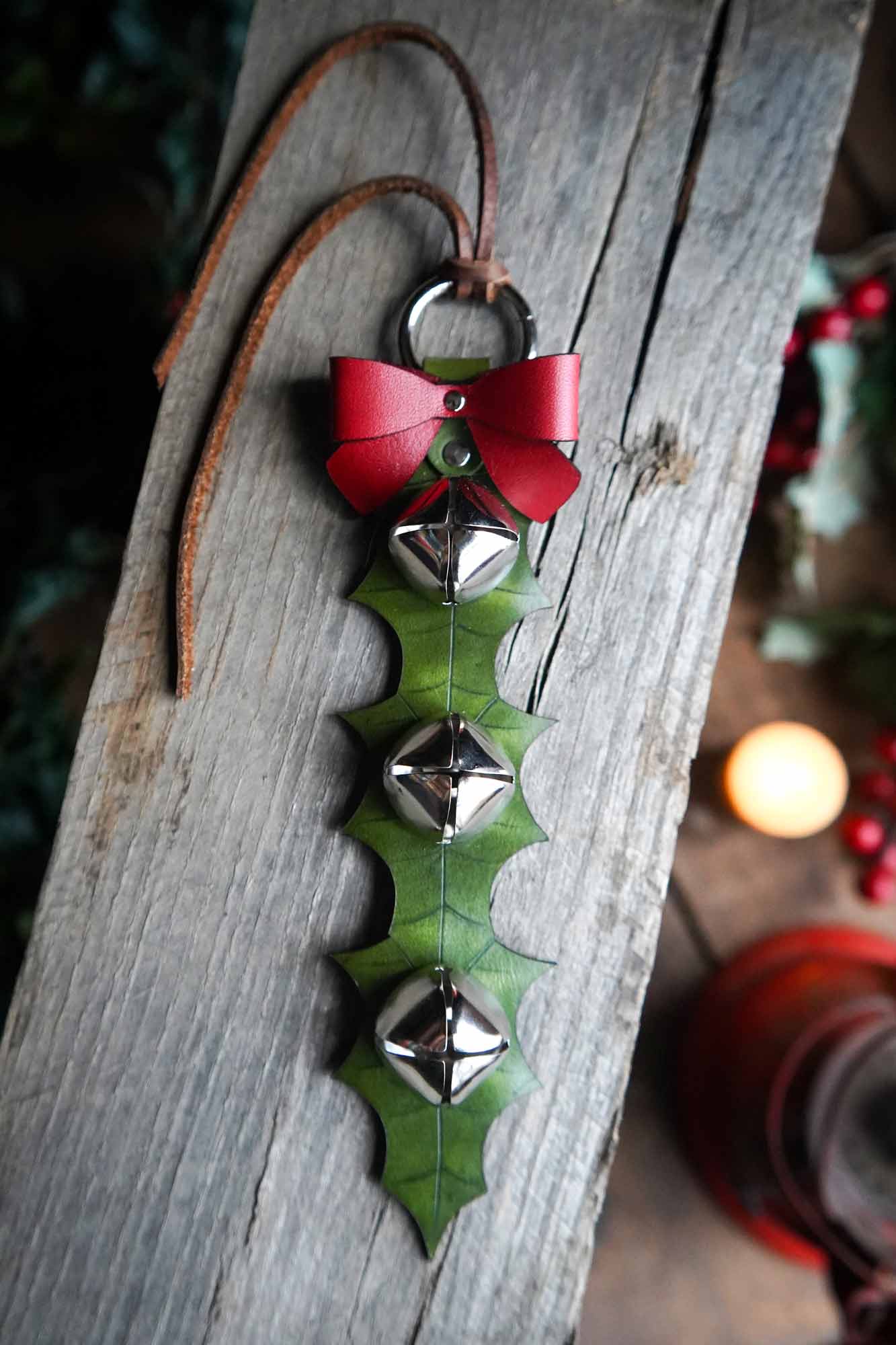 Holly Leaf Sleigh Bell Leather Door Hanger