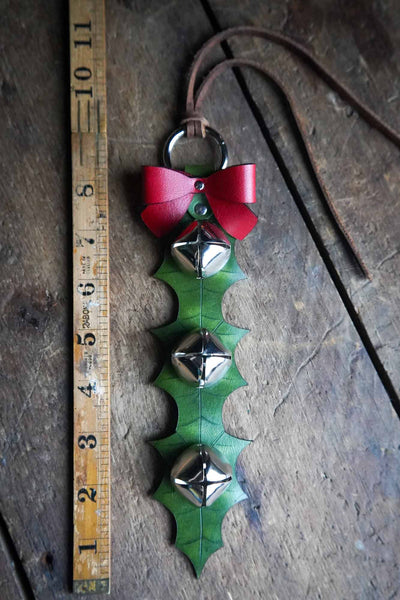 Holly Leaf Sleigh Bell Leather Door Hanger