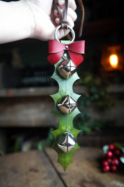 Holly Leaf Sleigh Bell Leather Door Hanger