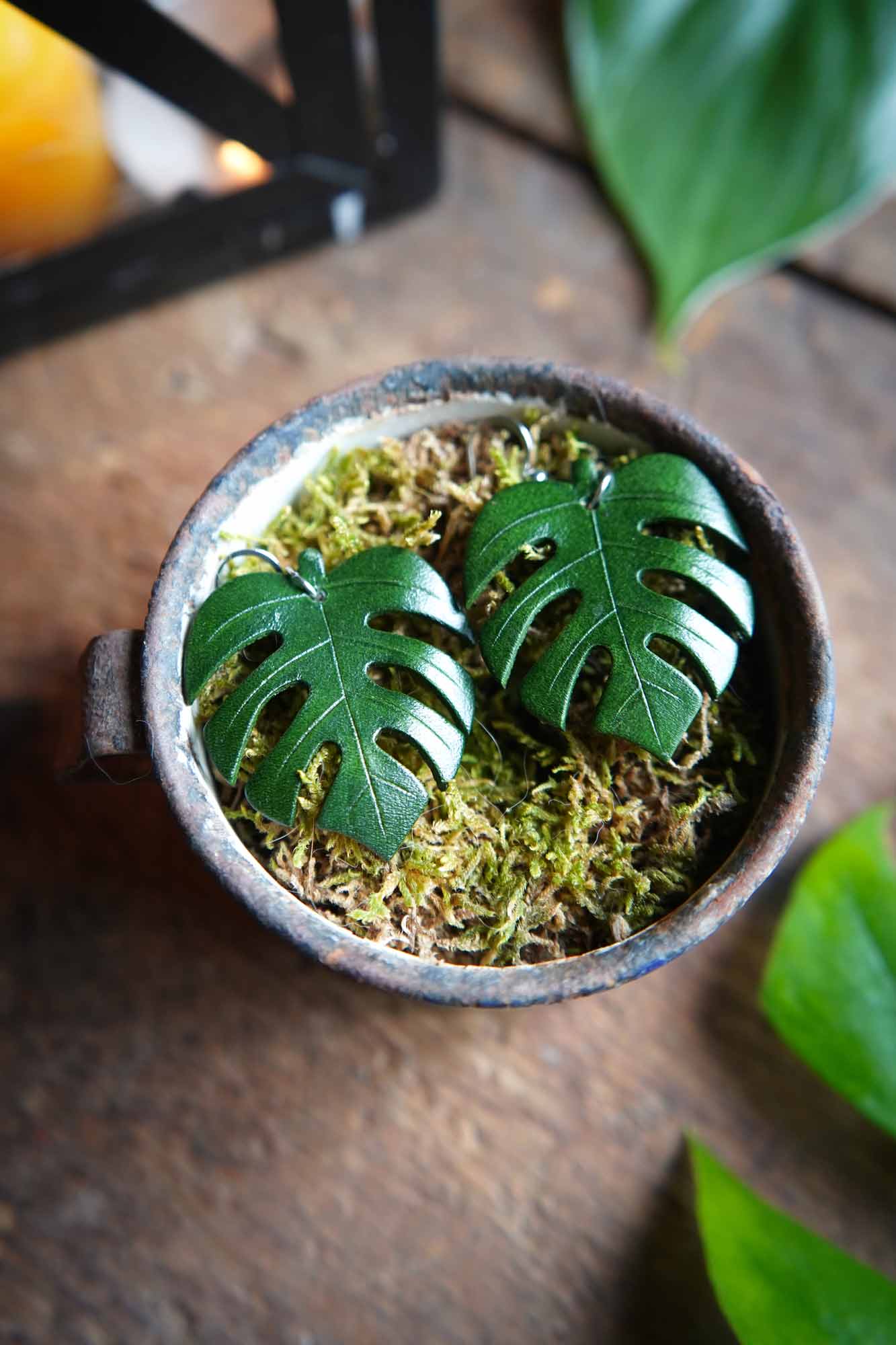 Leather Monstera Earrings