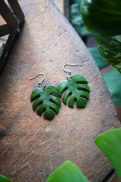 Leather Monstera Earrings