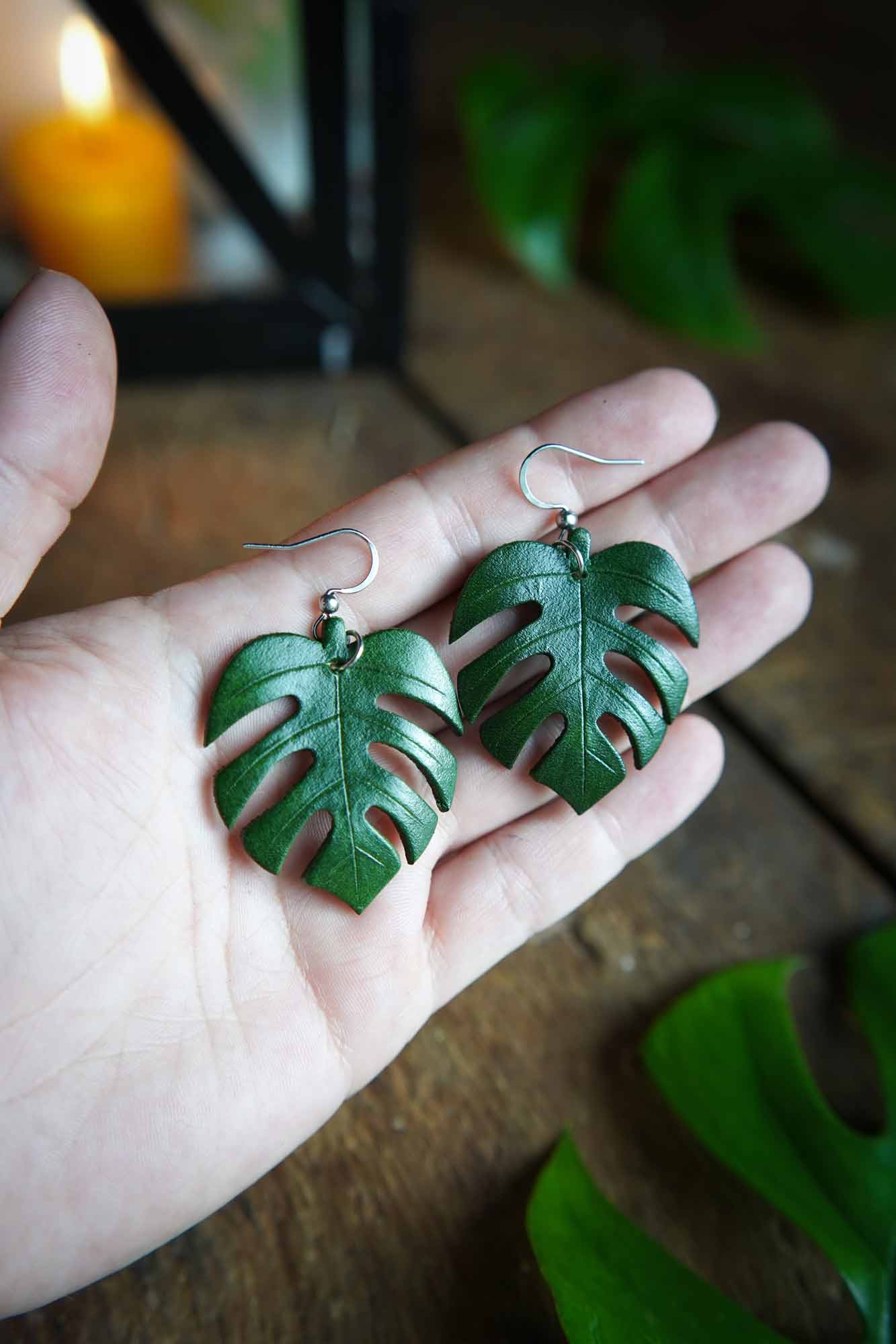 Leather Monstera Earrings