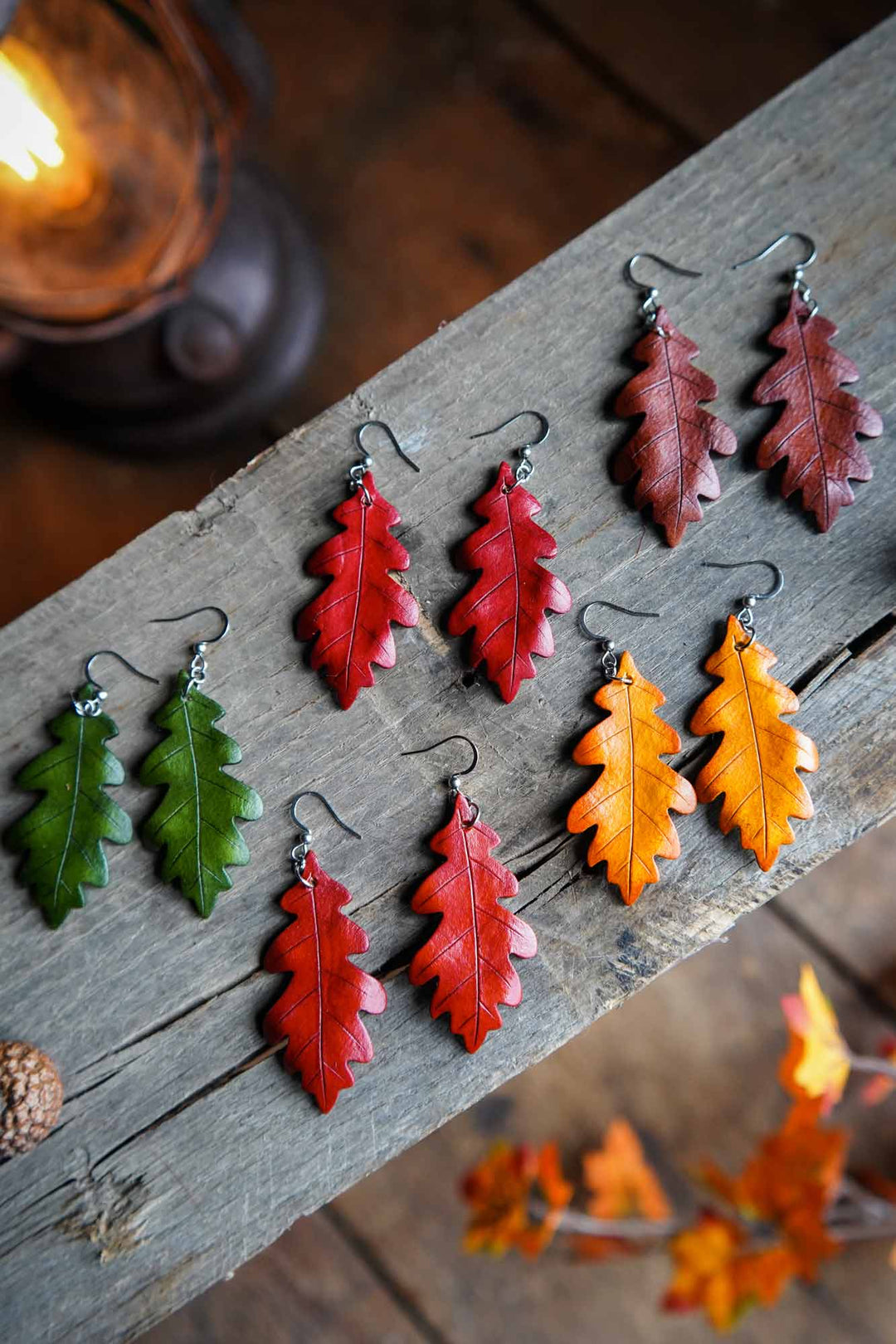 Flame oak leaf barrette and outlet leather earrings gift set. Fall leaves hair accessory & mixed media gemstone earrings in orange and terra cotta.