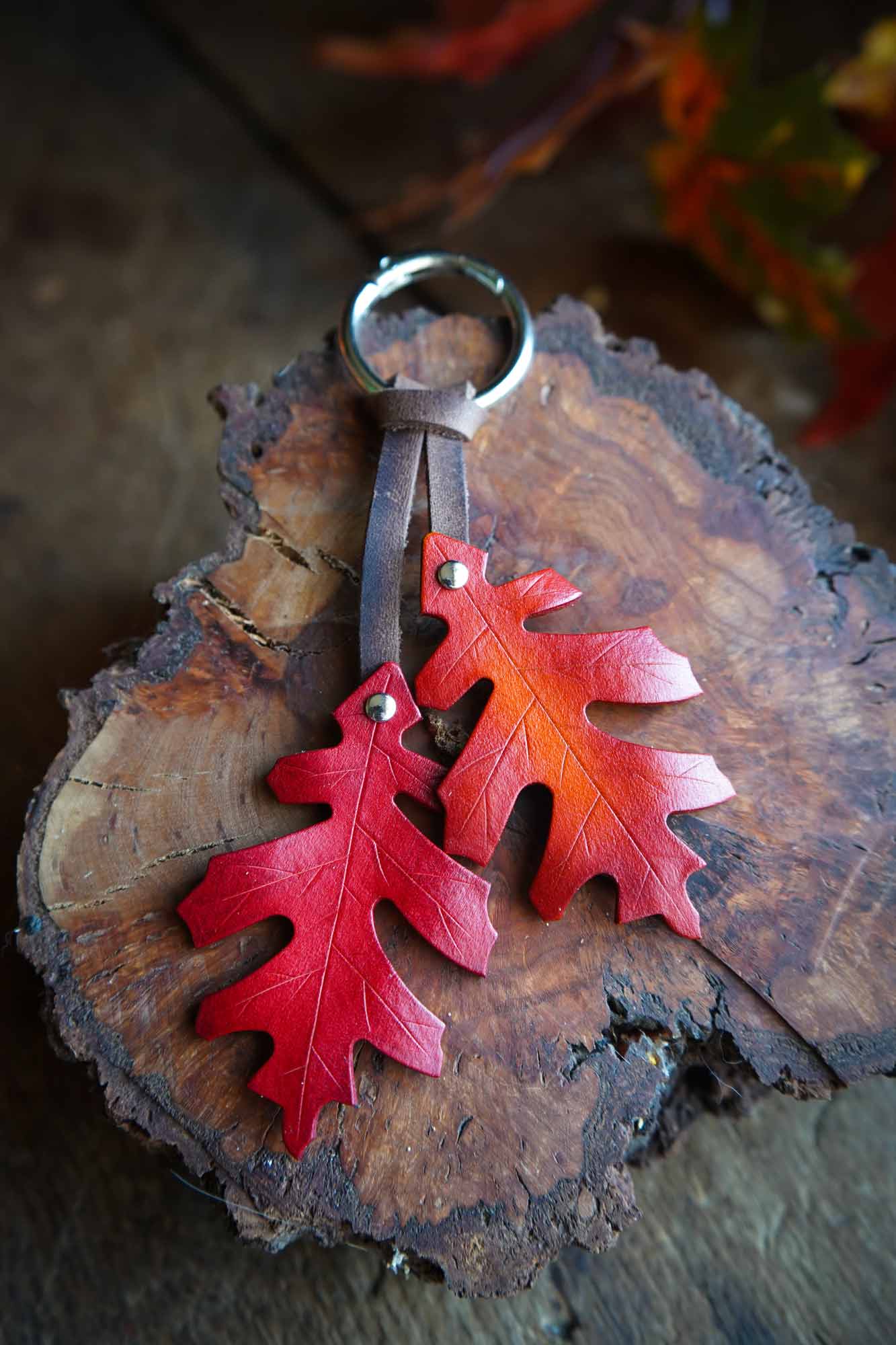 Red Oak Leaf - Leather Bag Charm or Keychain