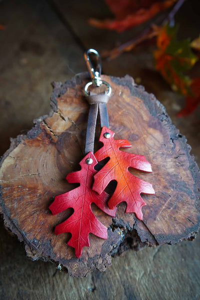 Red Oak Leaf - Leather Bag Charm or Keychain