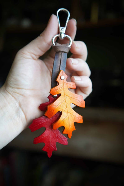 Red Oak Leaf - Leather Bag Charm or Keychain