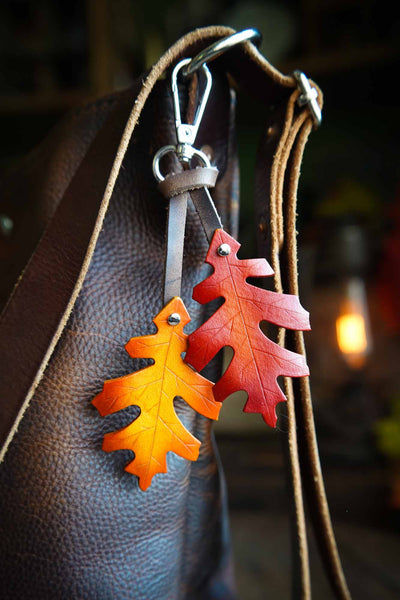 Red Oak Leaf - Leather Bag Charm or Keychain