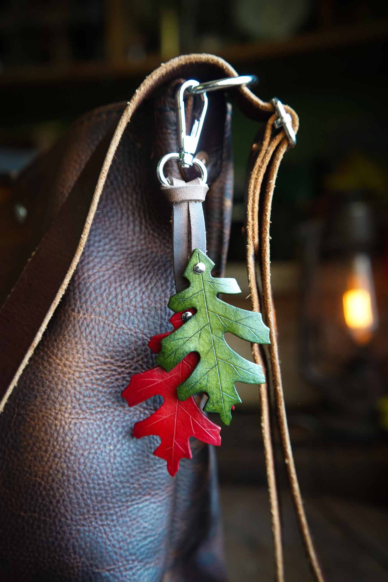 Red Oak Leaf - Leather Bag Charm or Keychain