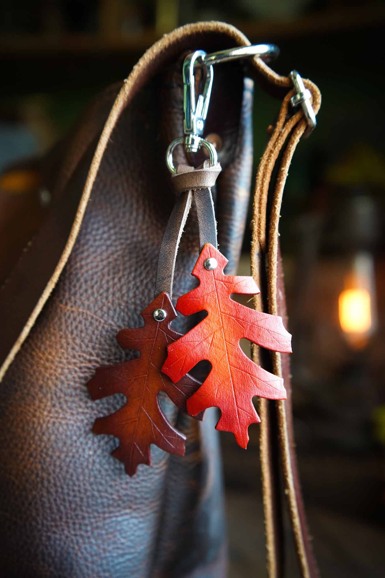 Red Oak Leaf - Leather Bag Charm or Keychain