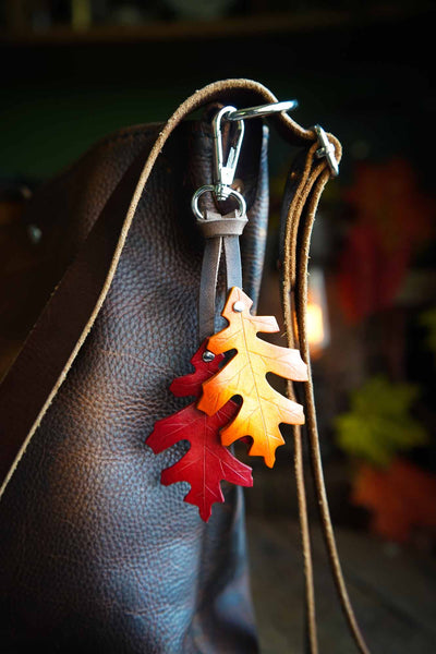 Red Oak Leaf - Leather Bag Charm or Keychain