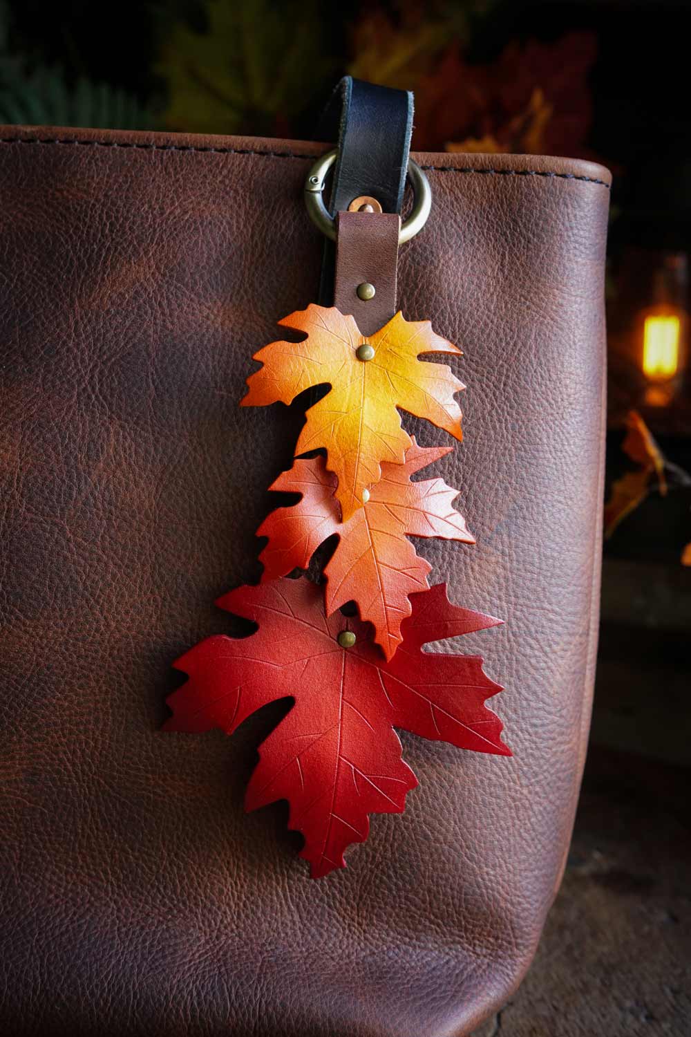 Sugar Maple Triple Leaf - Leather Bag Charm - Strap