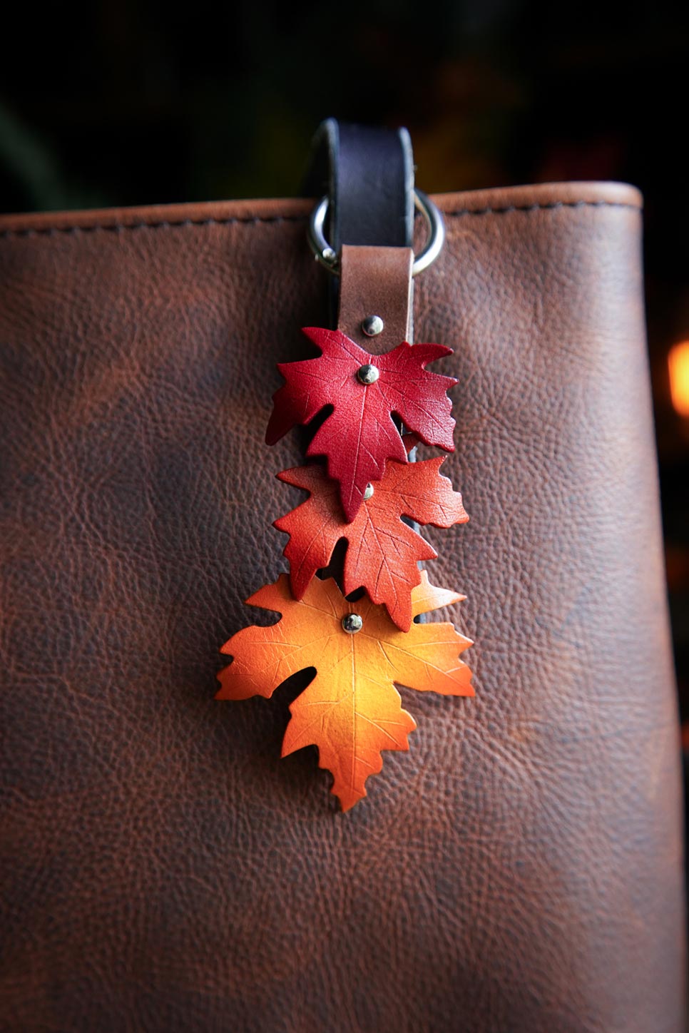 Sugar Maple Triple Leaf - Leather Bag Charm - Mini Strap