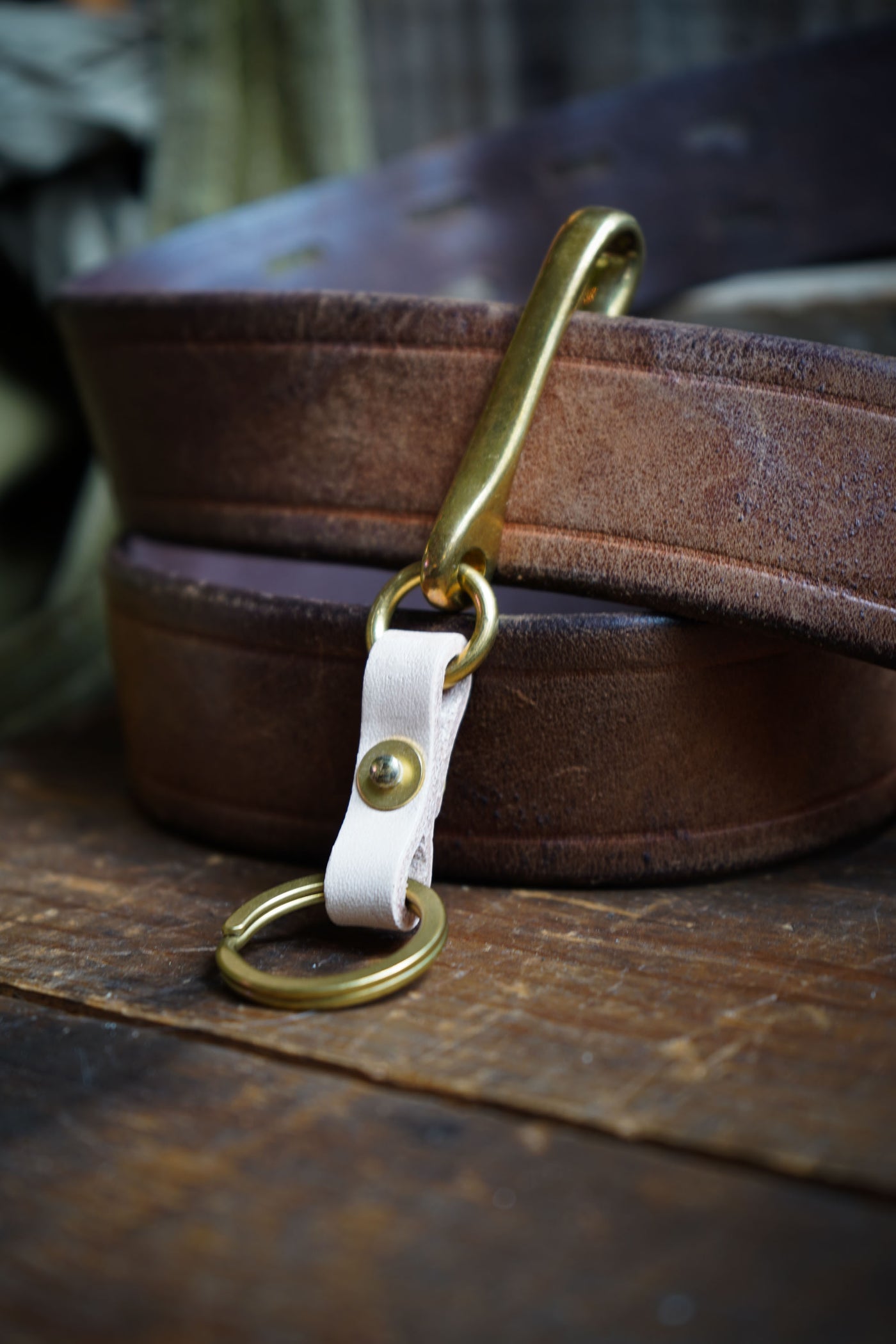 Catch - Leather Fish Hook Keychain - Solid Brass - Made In Canada Natural