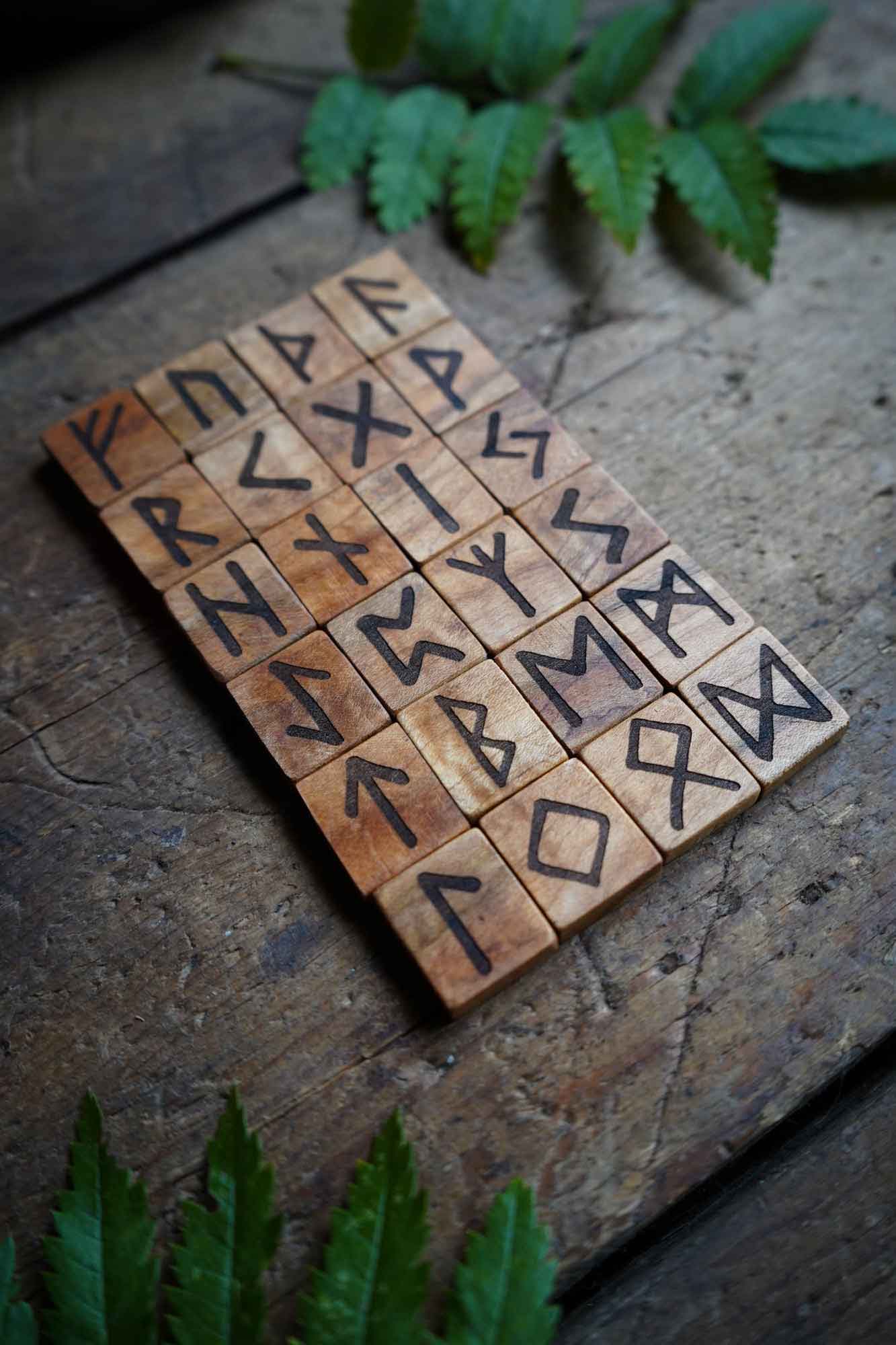 Elder Futhark Rune Set - Curly Maple Wood