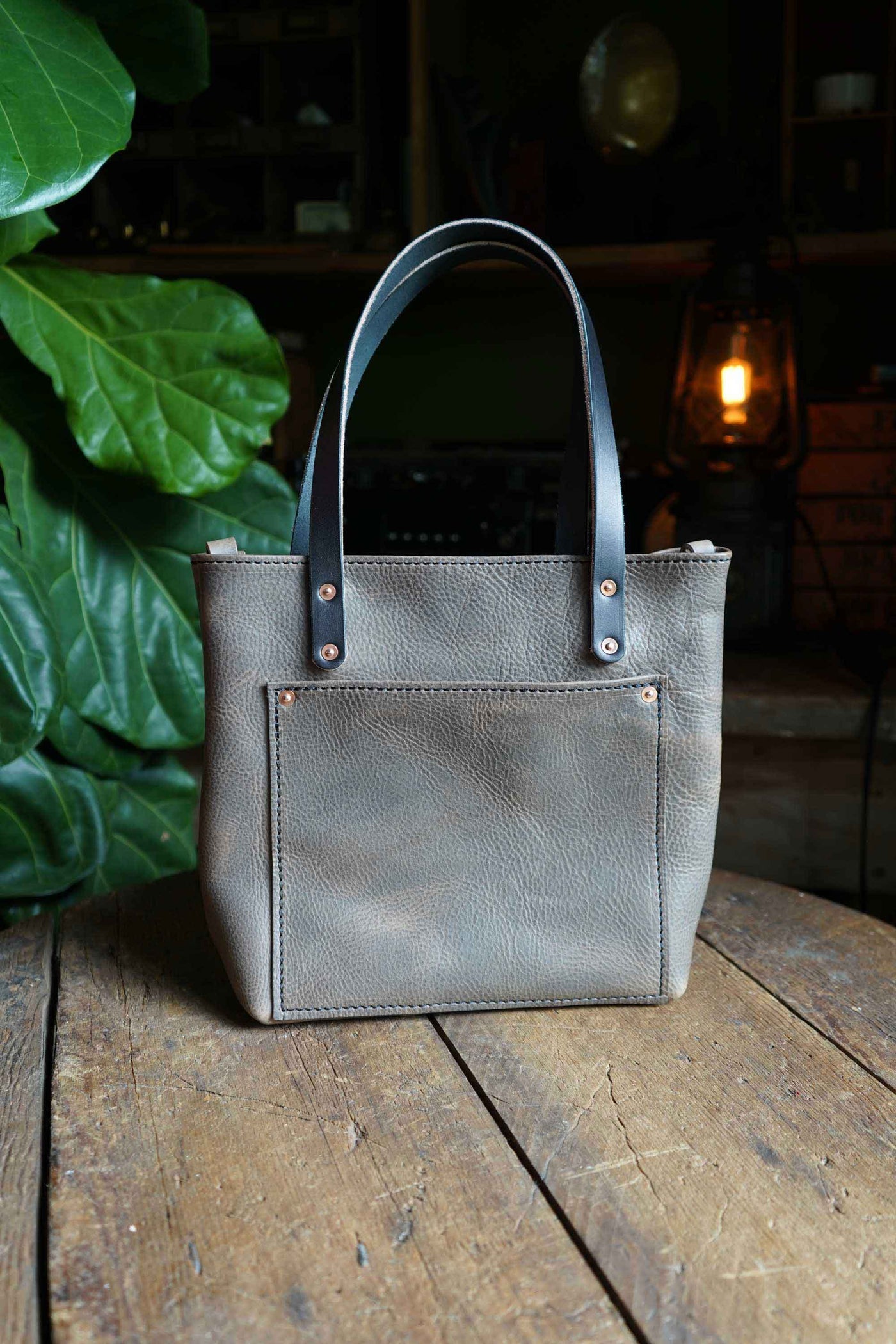 Leather tote with invisible pockets minimalist/ full grain leather