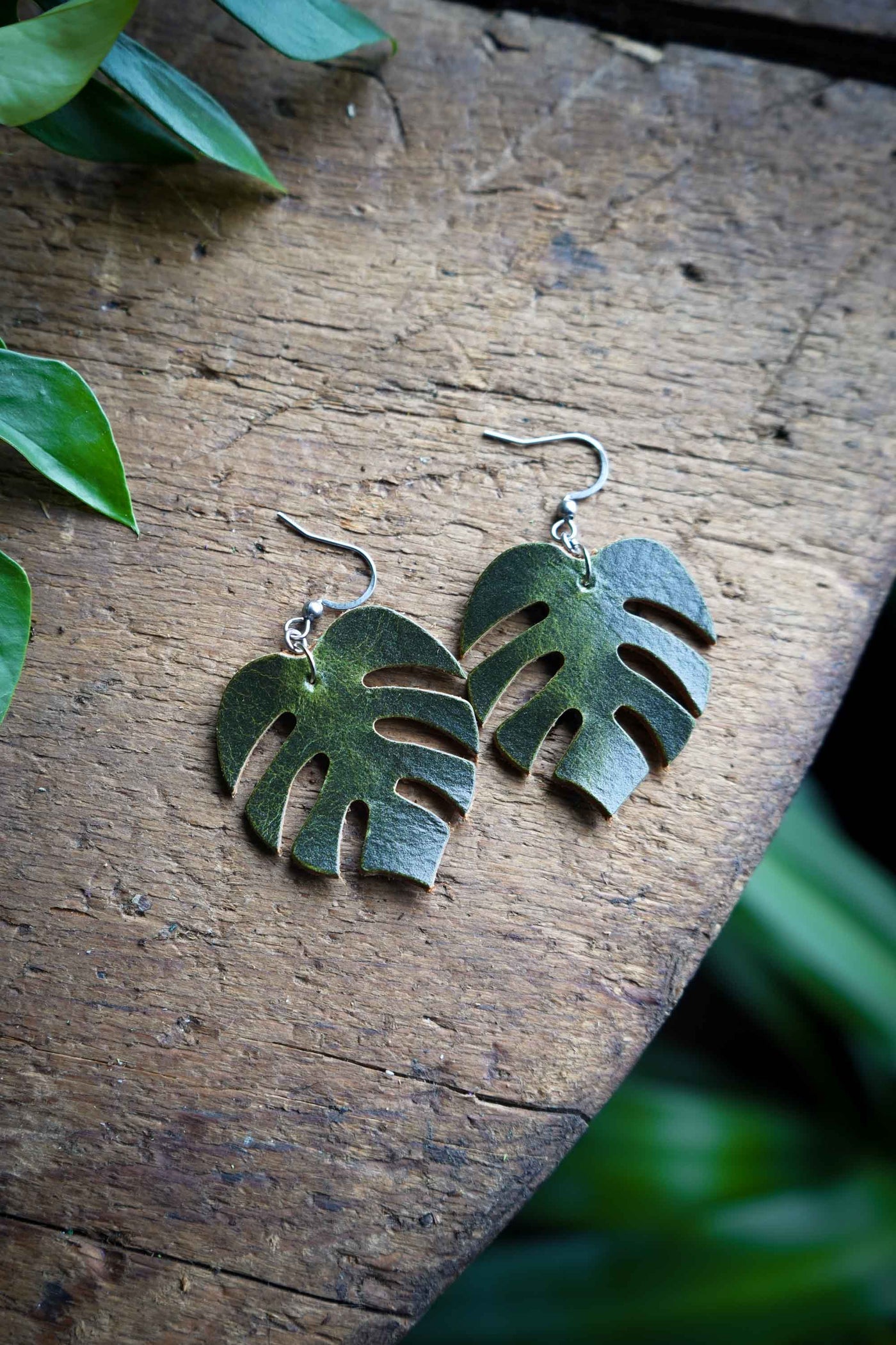 Monstera Earrings - Recycled Leather - Made In Canada - Hammerthreads